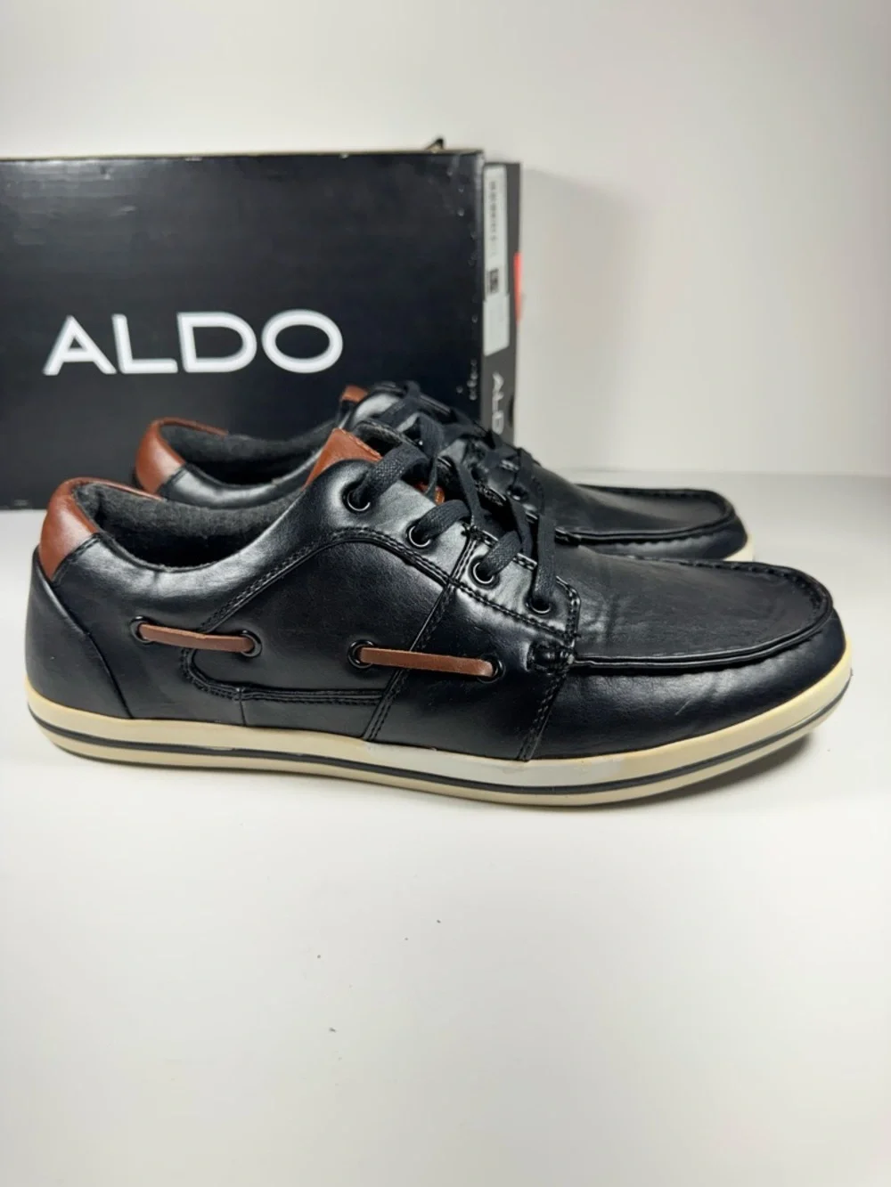 Aldo Black Brown Leather Nautical Boat Deck Loafer Shoe Men's 10 Sneaker Hybrid